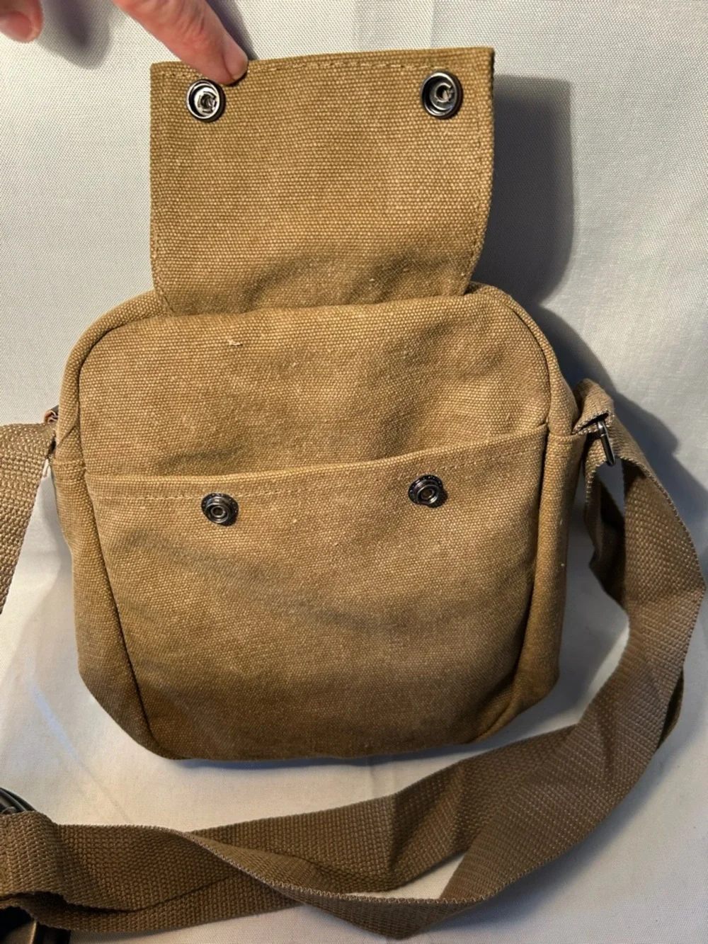 Canvas Crossbody Khaki Bag for Men compact size of approximately 9”x9”